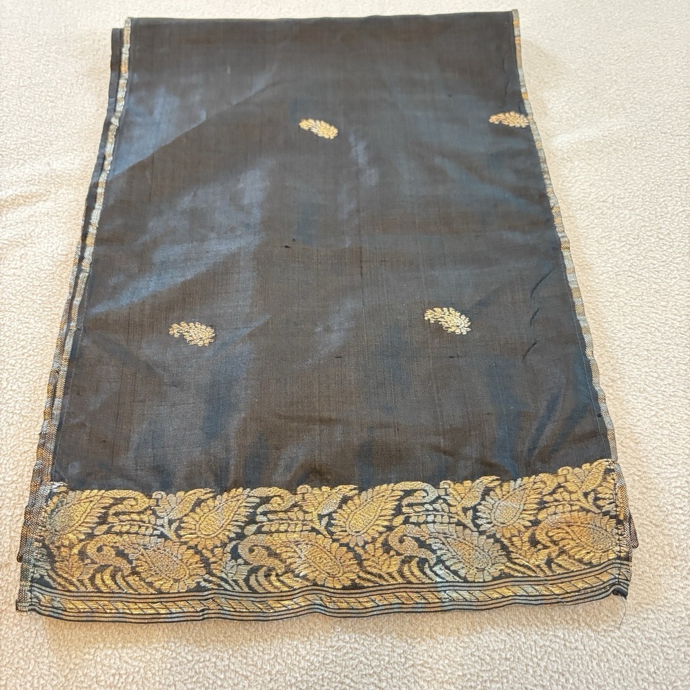 Royal Silk Scarf Black Silk With Gold Metallic Motif And Trim Elegant Art Lux - Picture 9 of 12